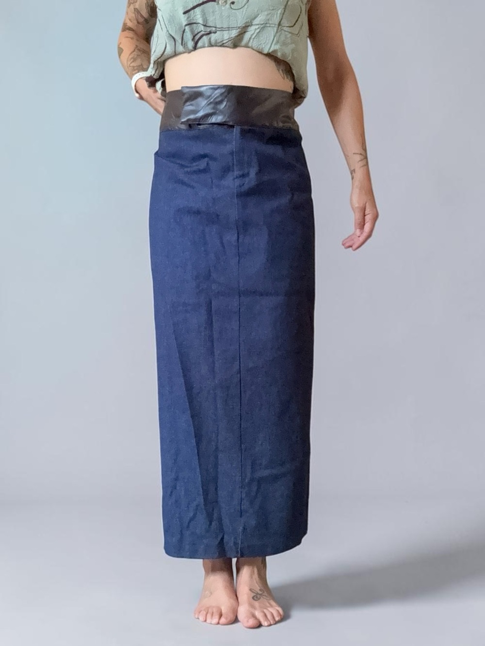 Dark Blue Pencil Skirt with Brown Waistband